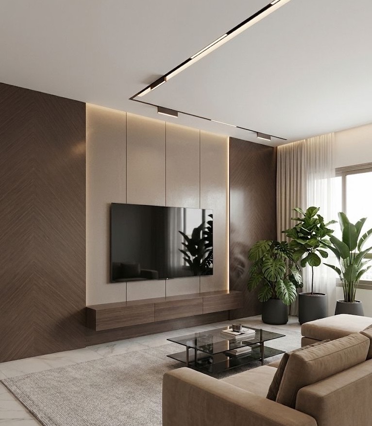Mur TV fini avec meuble sur mesure et éclairage LED