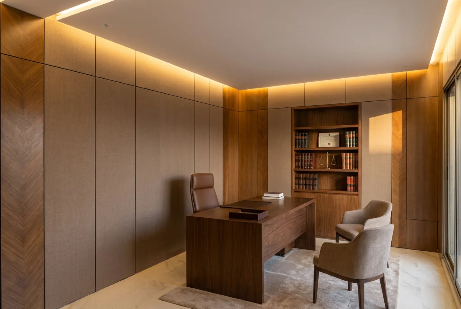 Bureau d'avocat moderne avec habillage mural bois