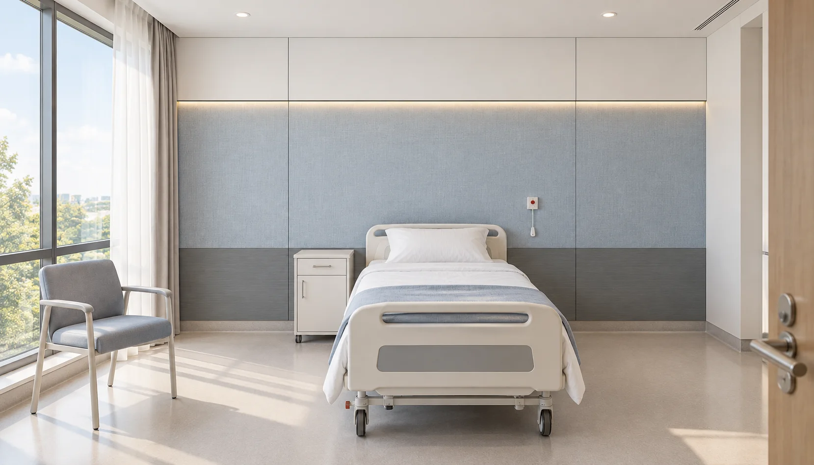 Proposition d'habillage mural pour une chambre de repos en clinique, avec panneaux NovaBard Blanc Uni, Lin gris bleu clair et Gris ardoise