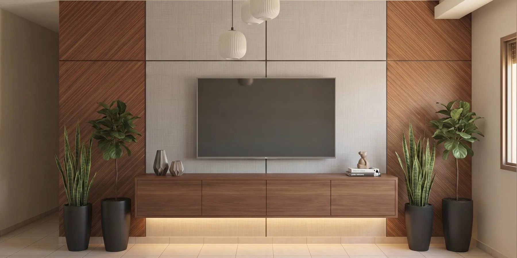 Mur TV habillé en panneaux PVC avec LED intégrée, posé par NovaBard à Tanger