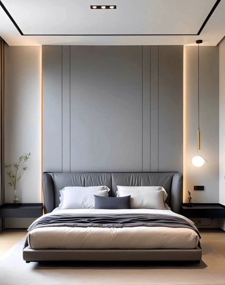 Tête de lit grise avec filet doré et éclairage de plafond — بديل الشيبورد NovaBard Tanger