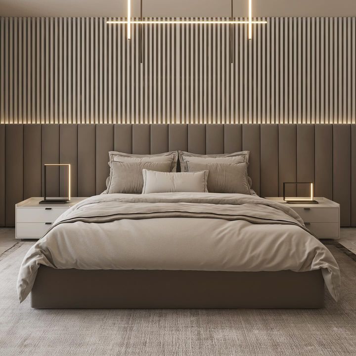 Tête de lit à lames horizontales bois avec LED linéaire dorée — بديل الشيبورد NovaBard Tanger
