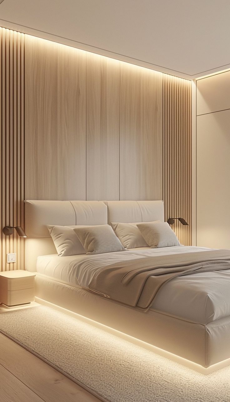 Lit suspendu avec lueur LED sous le sommier, mur crème — بديل الشيبورد NovaBard Tanger