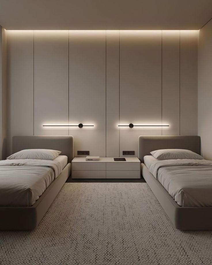 Chambre à deux lits, panneaux beige et lignes LED verticales — بديل الشيبورد NovaBard Tanger