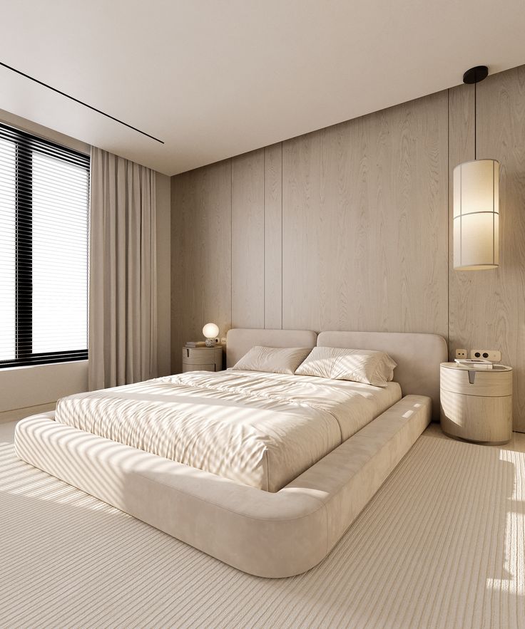 Chambre crème et bois, lit plateforme et suspension — بديل الشيبورد NovaBard Tanger