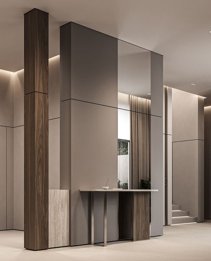 Entrée moderne, panneaux bois et gris avec miroir et console — بديل الشيبورد NovaBard Tanger