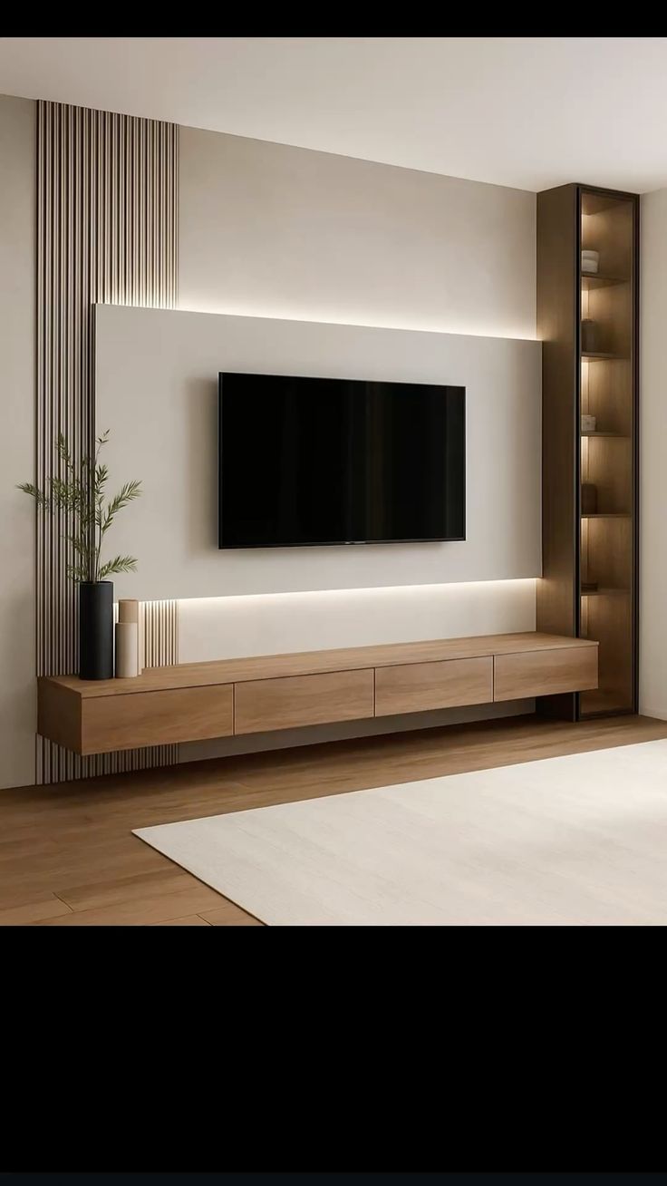 Salon : mur TV lames bois + panneau beige et rangement vertical — بديل الشيبورد NovaBard Tanger