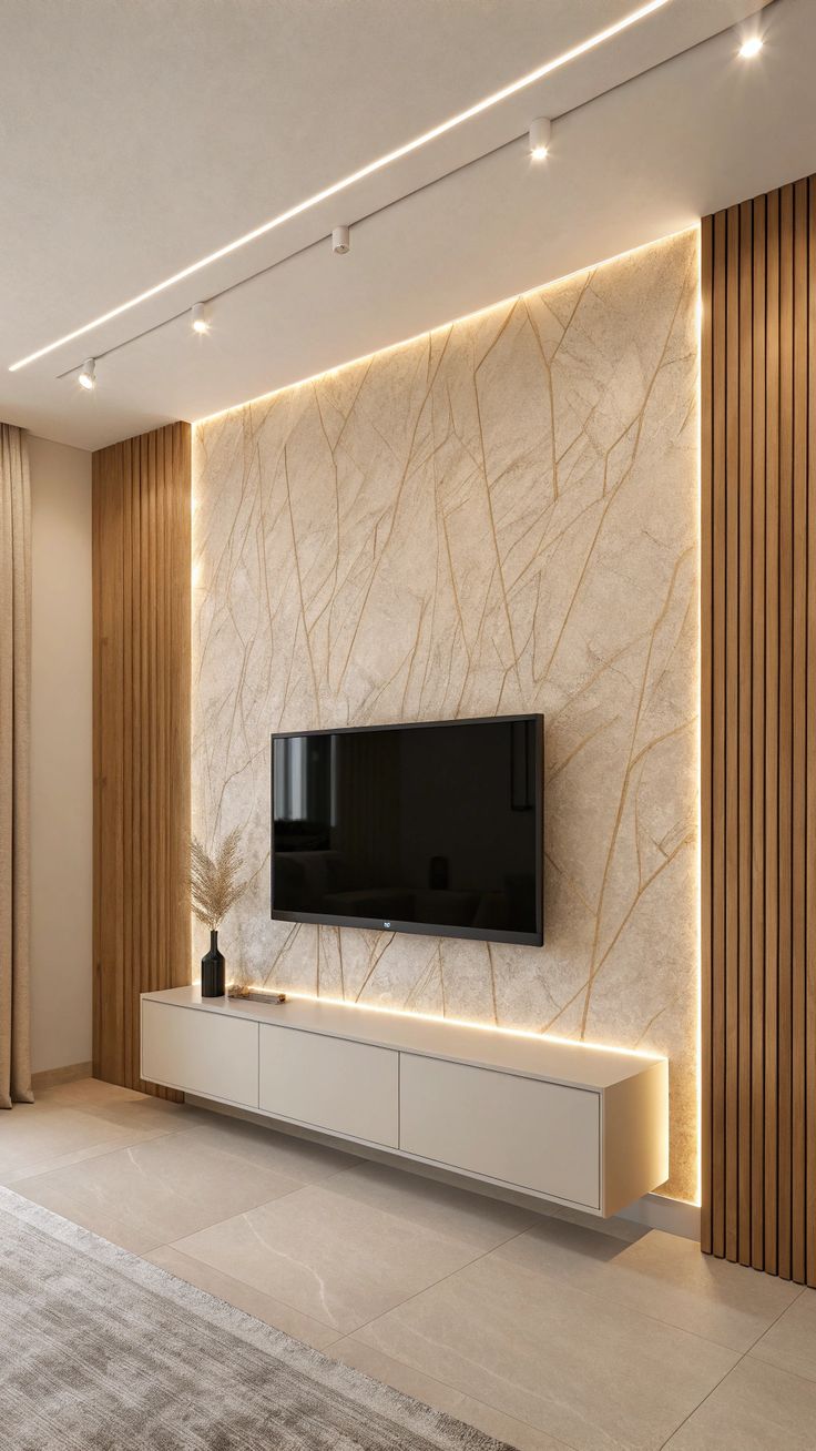 Mur TV effet marbre rétroéclairé bordé de bois, console blanche — بديل الشيبورد NovaBard Tanger