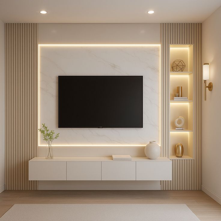 Mur TV marbre blanc avec niches d'étagères rétroéclairées — بديل الشيبورد NovaBard Tanger