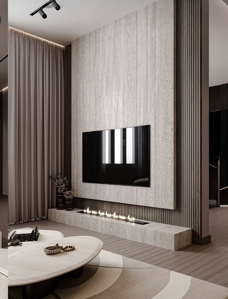 Mur TV à lames verticales bois, console flottante — بديل الشيبورد NovaBard Tanger