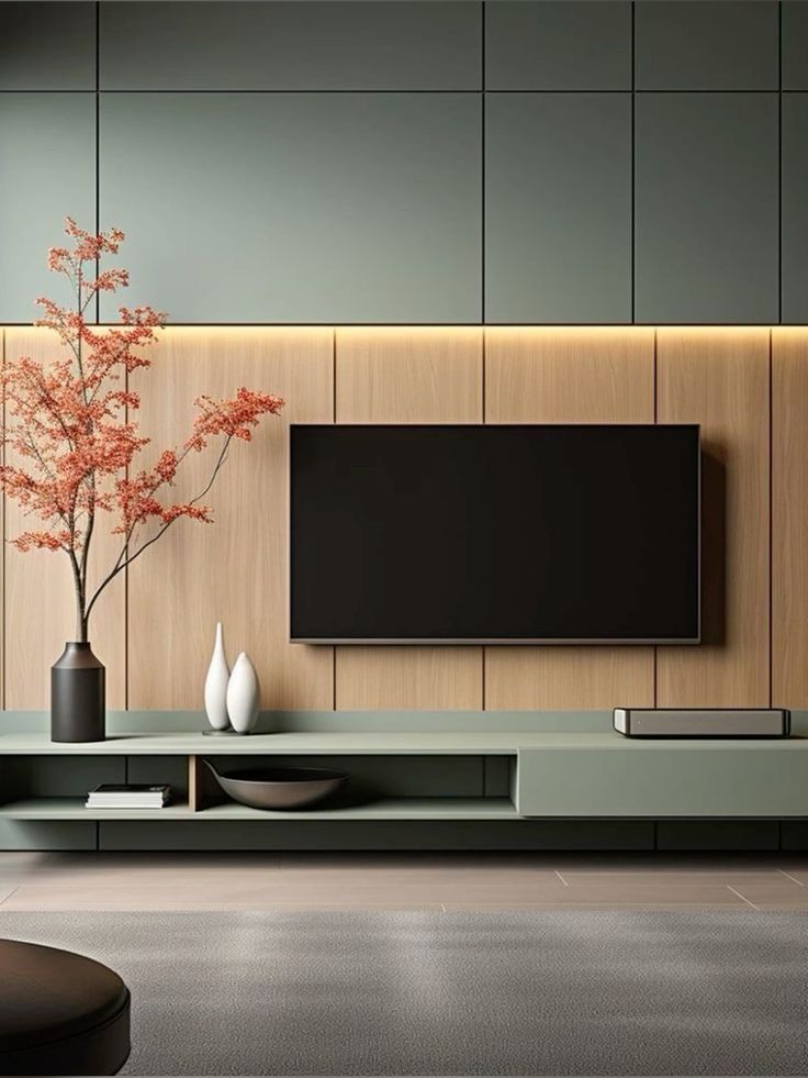 Panneaux bois clair avec touche verte et console basse — بديل الشيبورد NovaBard Tanger