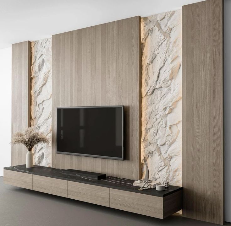 Mur TV effet marbre blanc encadré de bois — بديل الشيبورد NovaBard Tanger