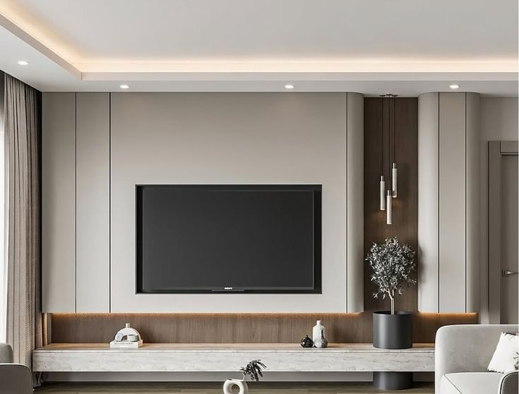 Mur TV beige minimaliste avec corniche LED — بديل الشيبورد NovaBard Tanger