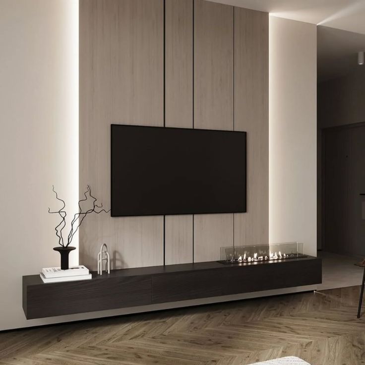 Mur TV avec bandes LED verticales et longue console noire — بديل الشيبورد NovaBard Tanger