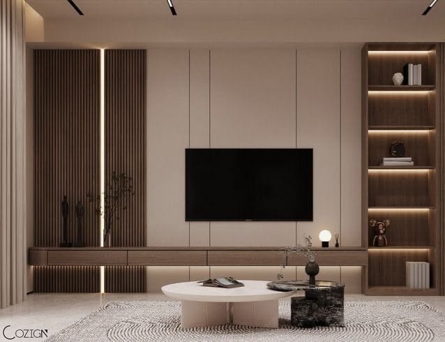 Salon chaleureux, mur TV panneauté et bibliothèque rétroéclairée — بديل الشيبورد NovaBard Tanger