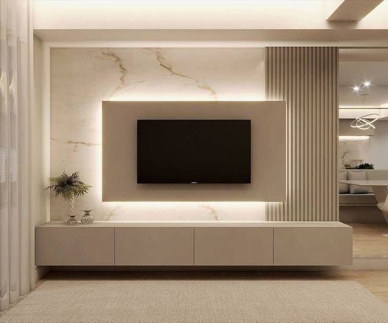 Mur TV marbre blanc + lames cannelées, niche rétroéclairée — بديل الشيبورد NovaBard Tanger