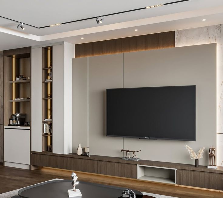 Mur TV beige avec accents bois verticaux et table marbre — بديل الشيبورد NovaBard Tanger