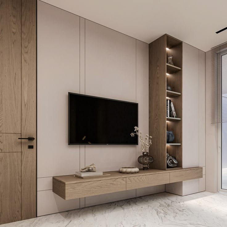 Mur TV bois avec étagères et rangements intégrés — بديل الشيبورد NovaBard Tanger