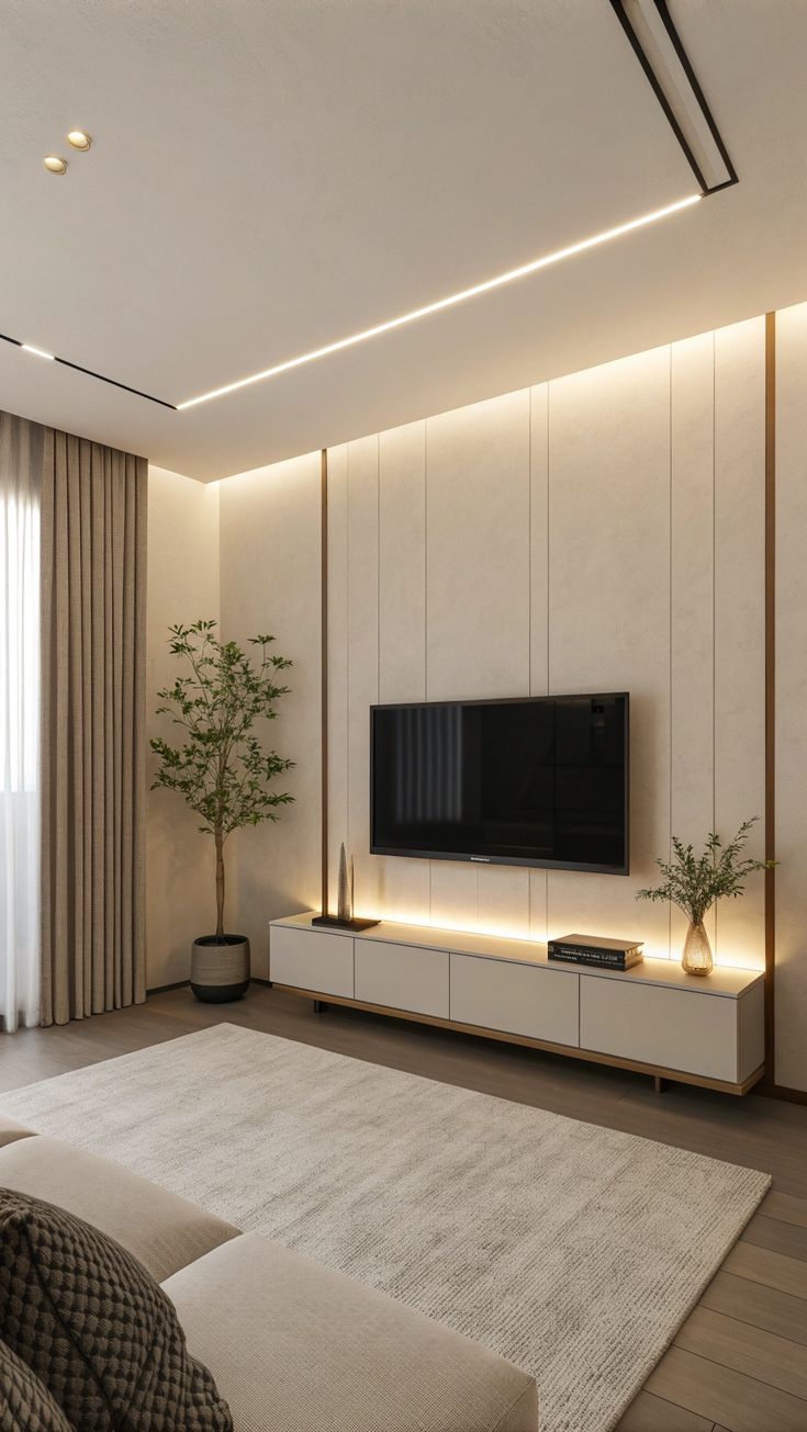 Mur TV cannelé crème avec LED, ambiance cosy — بديل الشيبورد NovaBard Tanger