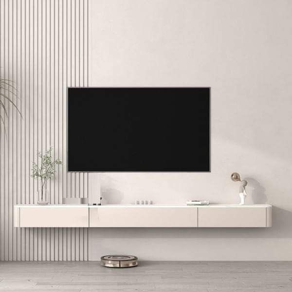 Mur TV cannelé blanc et console flottante, style épuré — بديل الشيبورد NovaBard Tanger