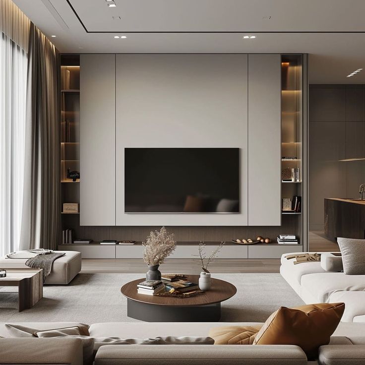 Salon chaleureux, mur TV bois et niches d'étagères — بديل الشيبورد NovaBard Tanger