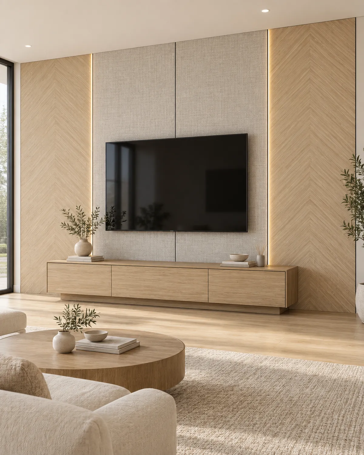 Idée de mur TV lumineux en panneaux chevron chêne clair et lin écru