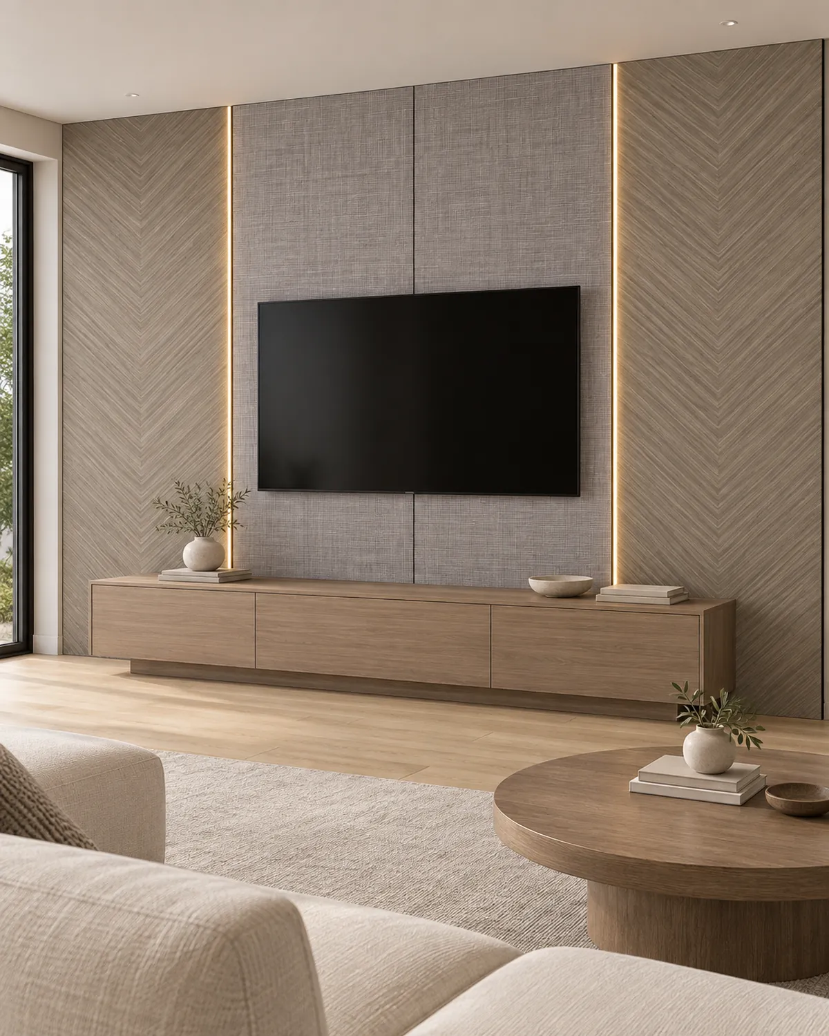 Idée de mur TV en panneaux chevron chocolat et lin tabac avec meuble TV en bois
