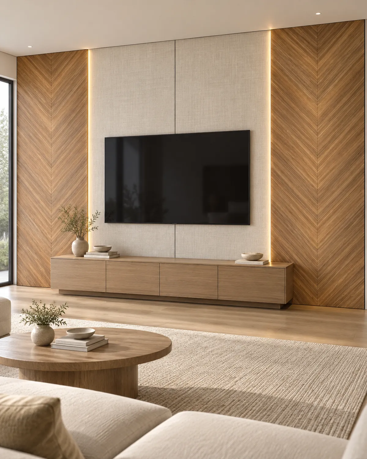 Idée de mur TV avec panneaux chevron noyer miel sur les côtés et lin blanc derrière la télévision