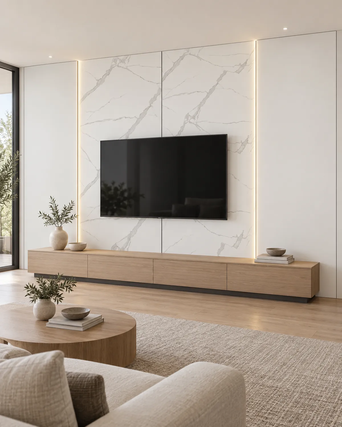 Idée de mur TV en panneaux PVC effet marbre Calacatta encadrés de blanc uni
