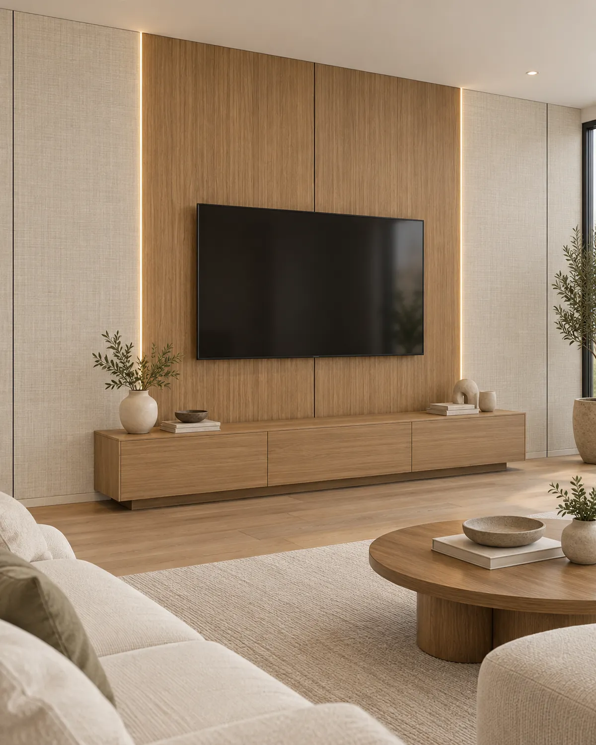 Idée de mur TV en panneaux PVC noyer miel et lin blanc avec LED