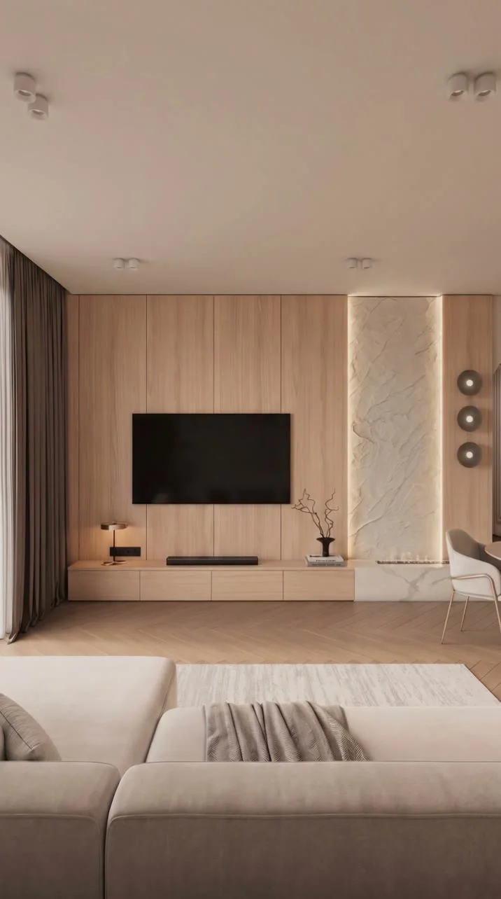 Mur TV combinant panneaux badil chipboard PVC aspect chêne et bande de pierre flexible rétro-éclairée LED — rendu luxueux et moderne