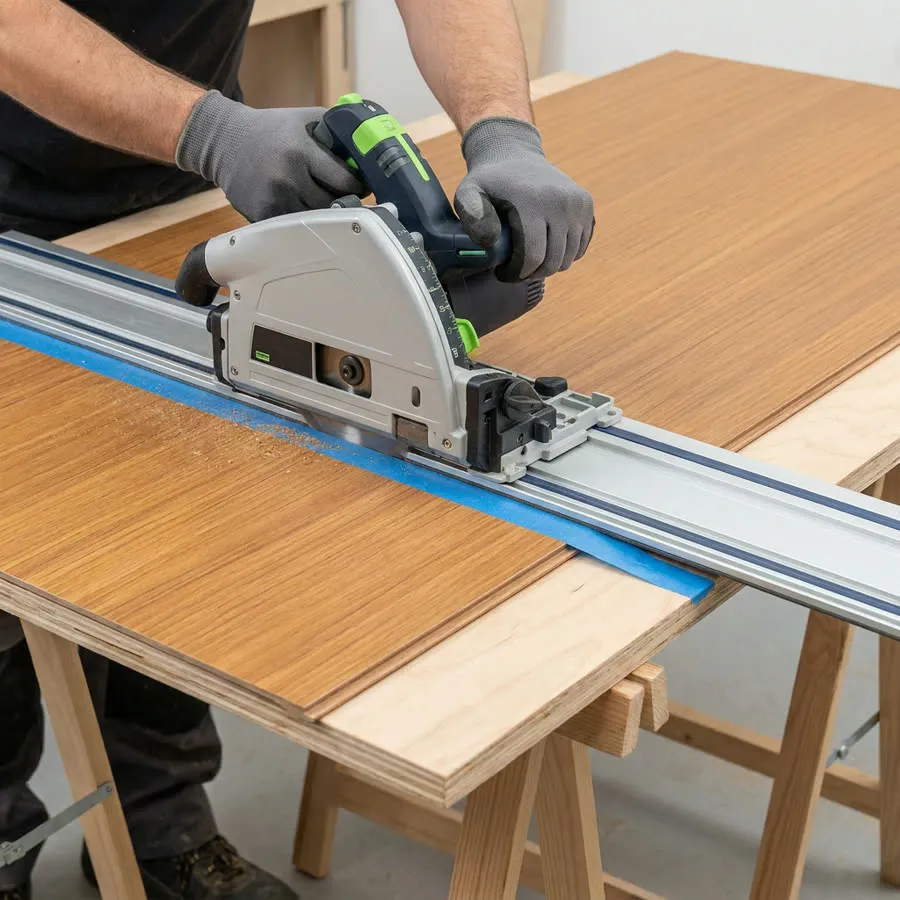Découpe d'un panneau badil chipboard finition noyer à la scie plongeante sur rail, chant net