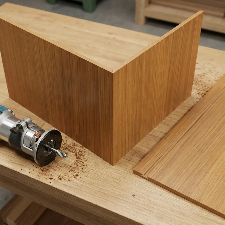 Rainure en V fraisée à la défonceuse au dos d'un panneau badil chipboard et panneau plié à 90 degrés avec arête nette