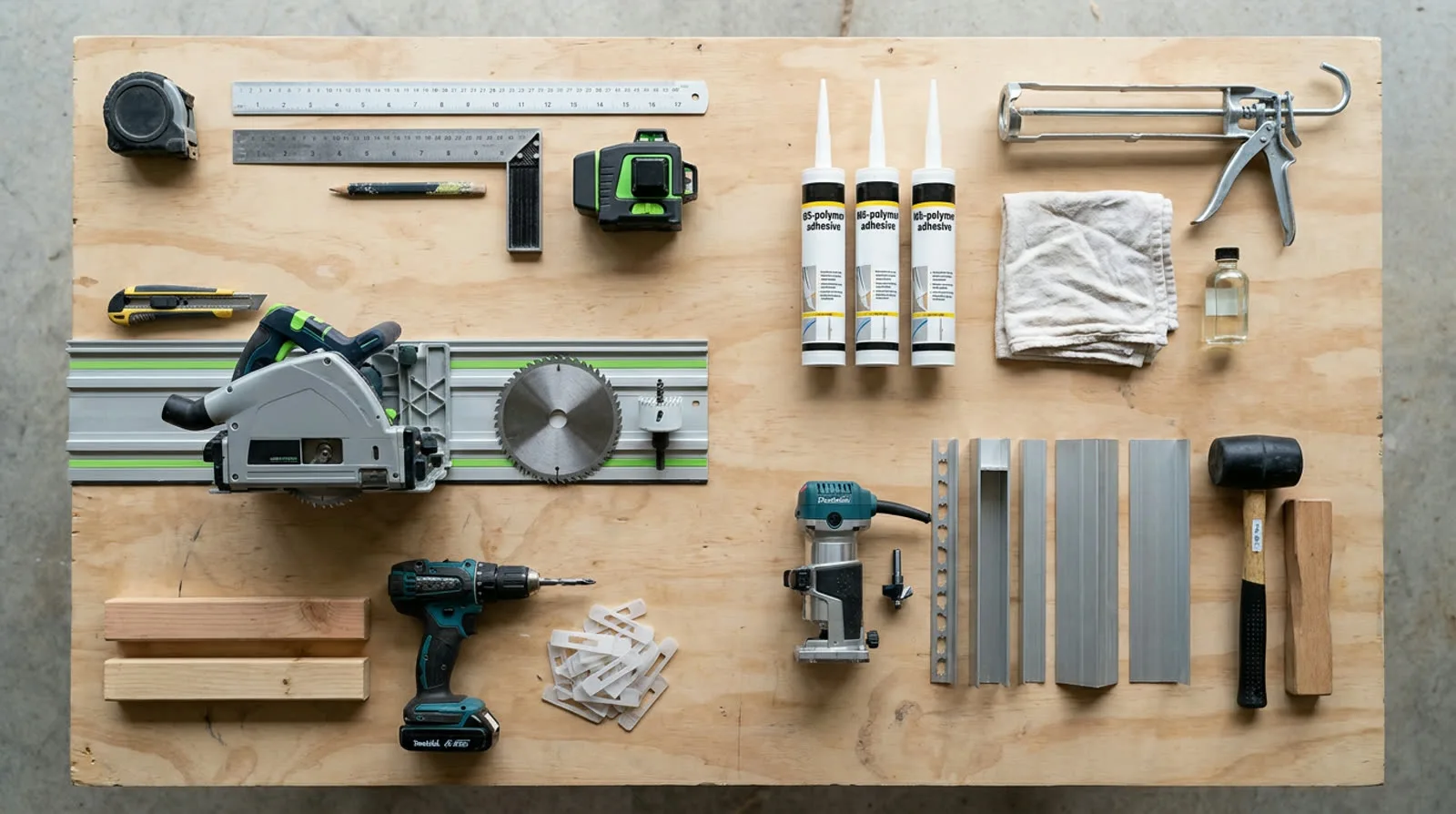 Tout le matériel de pose du badil chipboard : mètre, règle, équerre, laser, cutter, scie plongeante sur rail, cartouches High Tack et pistolet, défonceuse, profilés aluminium, maillet, tasseaux, visseuse et cales