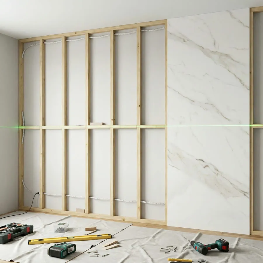 Ossature de tasseaux bois calée au laser avec passage de câbles LED, premier panneau badil chipboard noyer fixé